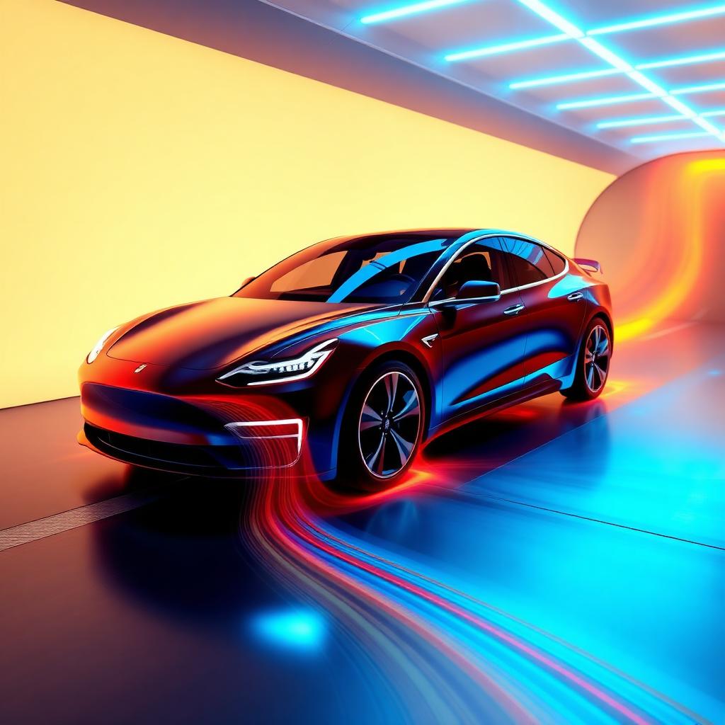 Electric sedan with CFD streamlines in a virtual wind tunnel
