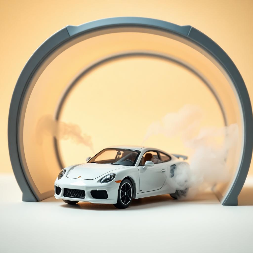 Scale car model inside a wind tunnel with smoke streamlines